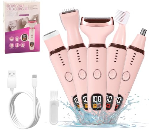 Electric Razors for Women, 5 in 1 Painless Ladies Wet & Dry Body Razors and Facial Hair Remover, Rechargeble Facial and Body Hair Remover for Face Nose Eyebrow Arms Armpit Legs Pubic Area(Pink)