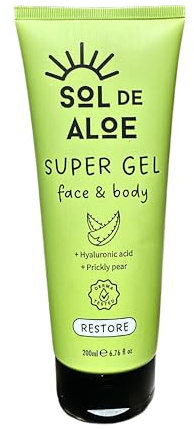 Sol de Aloe Super Aloe Vera Gel, 100% Fair-trade Aloe, After Sun with Hyaluronic Acid & Prickly Pear, Face & Body, Natural, Vegan, Cruelty Free, Fragrance Free, Soothing, Hydrating, 200ml