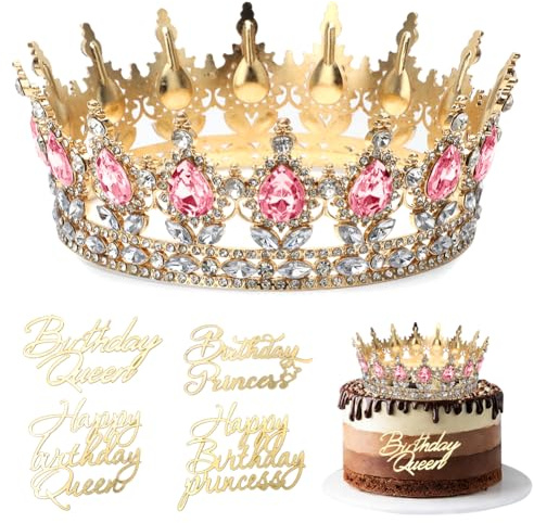Födelsedagskrona för kvinnor och flickor – barockkristall tiara med 4 Happy Birthday-tårtdekorationer – prinsesskrona för tårtdekoration och foton