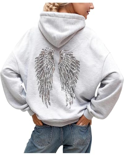 Générique Sweat à Capuche Femme Hiver Hoodie Oversized Motif Ailes Paillettes Casual Chic Femme Sweat-Shirt à Manches Longues Chaud Décontracté Streetwear Sport Vêtements
