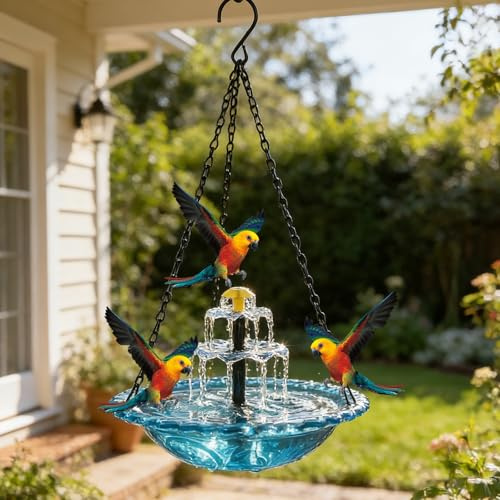 Solar Cascade Hanging Bird Bath Fountain, Hanging Solar Bird Bath, Hanging Bird Bath Fountain for Garden Outdoor, Decorative Outdoor Bird Feeder Water Bowl for Patio Yard Balcony Tree Decor (Blue)