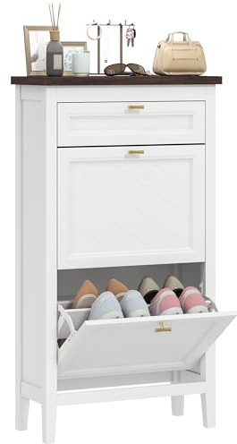 HOMCOM Shoe Cabinet with Doors 2 Flip Drawers Adjustable Shelves White | Narrow Shoe Storage Cabinet, Freestanding, Entryway Hallway Living Room, Holds 8-12 Pairs, Farmhouse