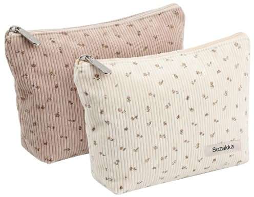 Neceser Mujer Mediano 2 Piezas, Bolsa de Maquillaje de Pana, Organizador de Cosméticos Portátil para Viaje y Uso Diario, Necessaire Tela Elegante para Belleza y Cuidado de la Piel (Beige, Rose)