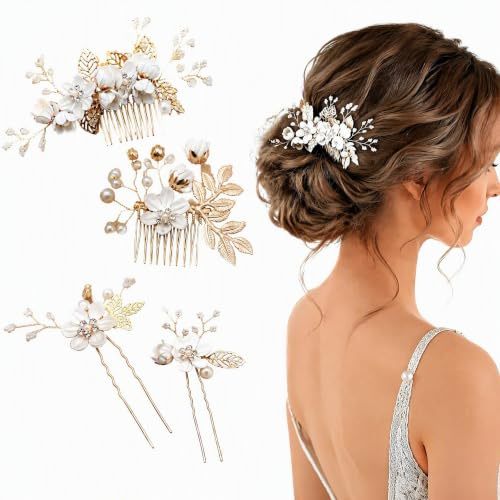 Lot de 4 Accessoires Cheveux Mariage Épingles à Cheveux Fleurs pour Mariées | Blanches Style Forestier Bijoux Cheveux Mariage Accessoires de Coiffure pour Demoiselles d'Honneur Femmes et Filles