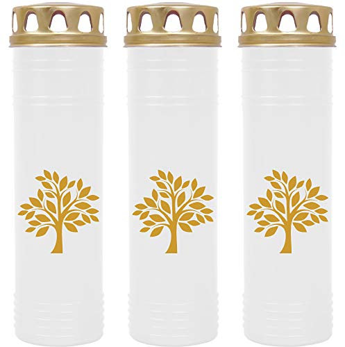 HScandle Lot de 3 bougies funéraires - Blanc avec impression dorée - Durée de combustion : env. 7 jours par bougie - Motif : arbre