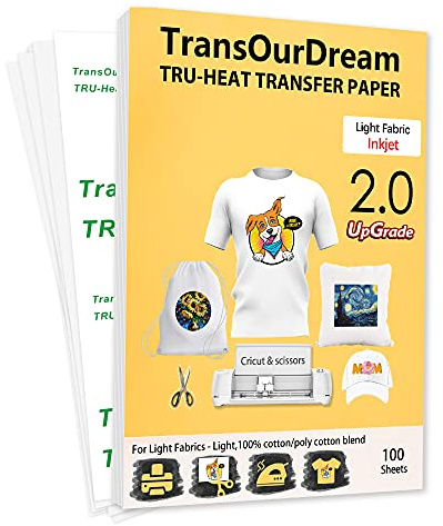 TransOurDream Tru-Transfer Paper - 100 Sheets A4 Inkjet Heat Transfer Paper Iron On Transfer Paper 2.0 for White and Light T Shirts Fabrics NO Mirror Print,Easy to Use (TRANS-2-100)