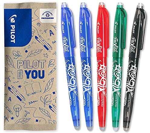 PILOT - 5 Frixion Ball - Encre Gel Effaçable - Stylo Roller Rechargeable et Ergonomique - 2 Bleus, 1 Rouge, 1 Noir, 1 Vert - Pointe Fine