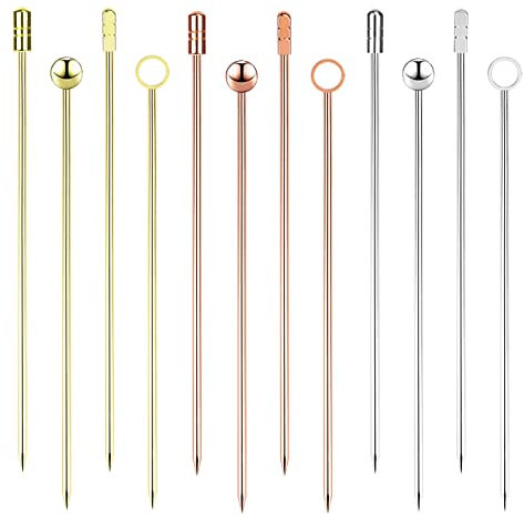 MoonSing Palillos de Cóctel Acero Inoxidable, 12pcs Brochetas de Fruta Barbacoa Reutilizables, Palillo de Diente para Sándwiche Aceituna Pastel Postre Eventos de Fiesta (4 Estilos)