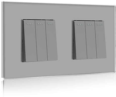 BSEED 3 Gang 2 Way+3 Gang 2 Way Glass Light Switches Screwless 10A Rocker Tactile Wall Switch Grey Crystal Toggle Switch 146mm