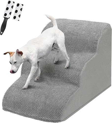 3 Steps Dog Ramp/Stairs for Bed and Sofa, LIANTRAL Pet Stairs with Durable High Density Open Immediately Foam and Pet Hair Remover Roller - Reduce Stress on Pet Joints, 59(L) x 39(W) x 40(H)cm