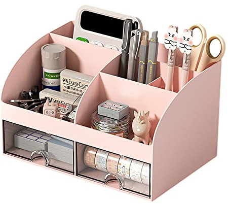 Hggzeg Organiseur de bureau, boîte de rangement pour maquillage et papeterie de bureau, organisateur de tiroir, porte-stylos pour le bureau à domicile et l’école (rose)