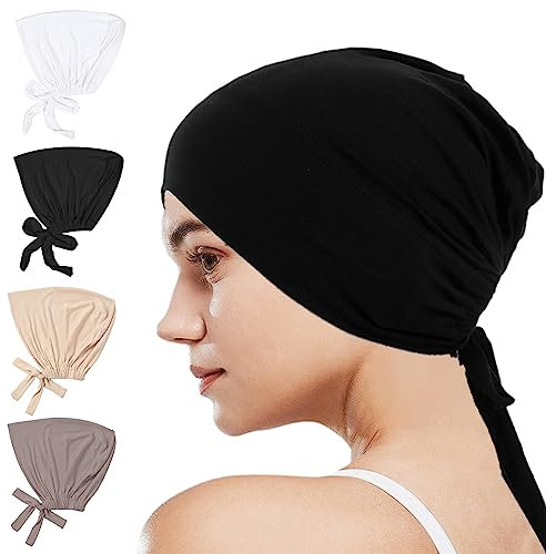 MIVAIUN 4 Stück Hijab Undercap für Damen Muslimische Hijab Cap Einfarbige Untere Kappen Verstellbares Baumwoll Stretch Schlafmützen Atmungsaktive (4 Stück)