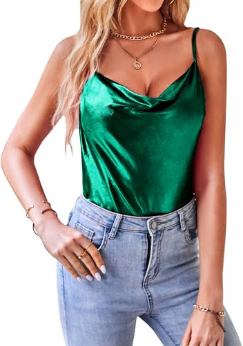 VIDUSSA - Top da donna con paillettes, senza maniche, con spalline a spaghetto, estivo, verde, M
