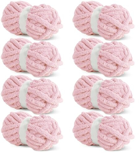 Hombys Pink Chunky Chenille Yarn for Crocheting & Knitting, Super Bulky, Soft Plush, 8 Jumbo Packs (27 yds, 8 oz Each)