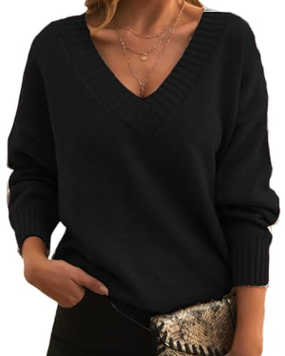 seiveini Chandails Femme Pull à Manche Longue Chaud Pull en Tricot col V Doux et Confortable Pull en Maille pour Femme Chic Elegant Couleur Solide Basique Tops Automne Hiver Sweatshirt A Noir XL