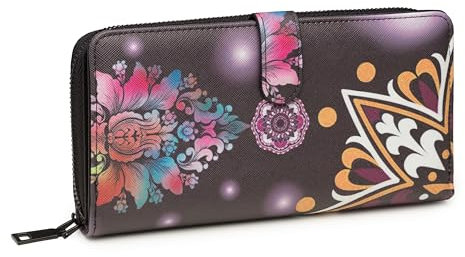 KARMA.DIEM Damen-Geldbörse XL | Ethno-Boho-Stil mit farbenfrohem Mandala- und Blumenmuster, 19 Kartenfächer, Reißverschluss und Druckknopfverschluss, Münz- und Handyfach | Dunkellila