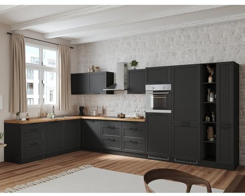 Winkelküche Küche Einbauküche Küchenzeile L-Form 420/240 cm mit E-Geräten in grau, Arbeitsplatte in Eiche, inkl. Dunstabzugshaube, Induktionskochfeld, Backofen, Geschirrspüler, Kühlgefrierkombi