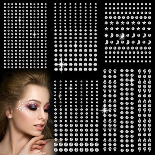 Soodyoow Lot de 850 paillettes pour le visage, 5 feuilles de strass pour le visage, le maquillage en argent brillant, le corps de paillettes, le maquillage créatif