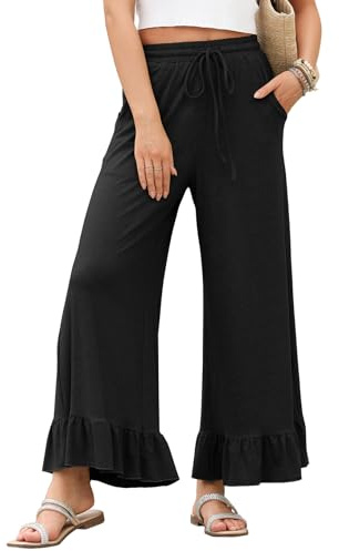EVALESS Women Wide Leg Ruffle Hem Palazzo Pants with Pockets, Black, Medium