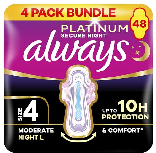 Always Platinum Size 4 Sanitary Pads With Wings Secure Night 12 Pack