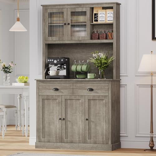GarveeHome Pantry Cabinet with Drawers and Adjustable Shelves, 71 Tall Freestanding Kitchen Cabinet with Microwave Stand, Kitchen Hutch for Dining Room, Rustic Grey