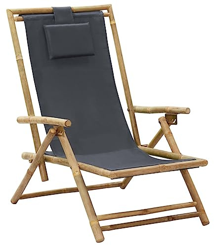 Poltrona da Giardino Regolabile in Bambù, Design Pieghevole 4 Posizioni, Sedia Relax con Tessuto, Sedie da Esterno e Spiaggia, per Giardino e Campeggio, Colore Grigio Scuro, 64 x 89 x 71-94 cm