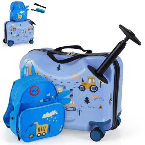 RELAX4LIFE Set Valigia Cavalcabile/Trolley per Bambini 18‘’ con Zaino 12‘’, 4 Ruote Girevoli, Maniglia Retrattile 56cm, 2 Cingie Multiuso, Zaino: 26x30cm/Trolley:47x26,5x36,5cm (BLU-2)