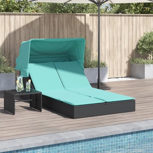 mtlskopl Double Sun Lounger 91 x 42 x 43 in Black Turquoise All Weather Poly Rattan Modern Patio Chaise for Garden Pool Balcony Outdoor Recliner