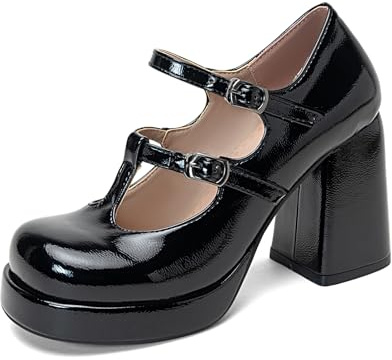TNMIUH Scarpe Mary Jane con Plateau da Donna, Décolleté con Tacco Largo e Doppia Fibbia Punta Quadrata, 9cm Tacco Largo, Scarpe Eleganti Vintage,Nero,43 EU