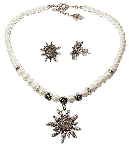 Alpenflüstern Trachtenschmuck-Set Perlen-Trachtenkette und Ohrstecker Strass-Edelweiß - Damen-Trachten-Schmuck, Trachtenset Dirndl-Kette und Trachten-Ohrringe Creme-weiß SET012