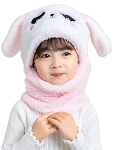 Bonnet unisexe pour bébé garçon et fille de 6 à 9 ans, bonnet d'hiver pour enfant en polaire, mignon lapin, chaud, bonnet, écharpe, écharpe pour tout-petit, lapin rose