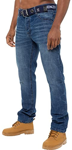 989Zé ENZO Mens Straight Leg Jeans Trousers Regular Fit Denim Pants Free Belt EZ384 Blue 32W / 30L