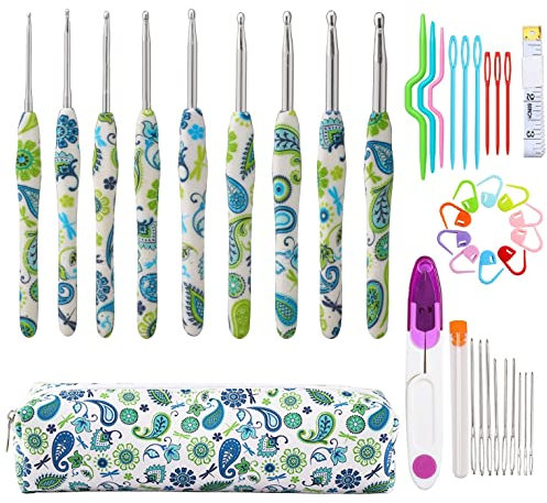 JOZEA Häkelnadeln Set, 9 Stück weiche Häkelnadeln mit Gedrucktes Muster, mit tragbare Organisator Tasche, mit Zubehör, grün