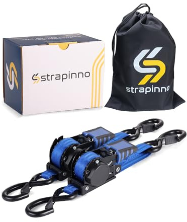 Strapinno Retractable Ratchet Straps - 1 in x 4 ft Heavy Duty Adjustable Boat Transom Tie Down, 2PCS, 2400lbs Breaking Strength, Safety S Hooks, for Boat, Jetski, Seadoo, Waverunner, and PWCs (Blue)