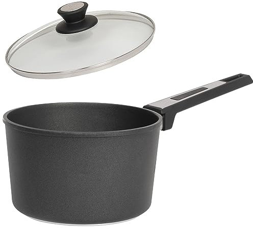 SKK große Stielkasserolle Ø 20 cm - ohne Induktion - hoher runder beschichteter Saucentopf 2-tlg. & Glasdeckel mit Edelstahlrand - Made in Germany