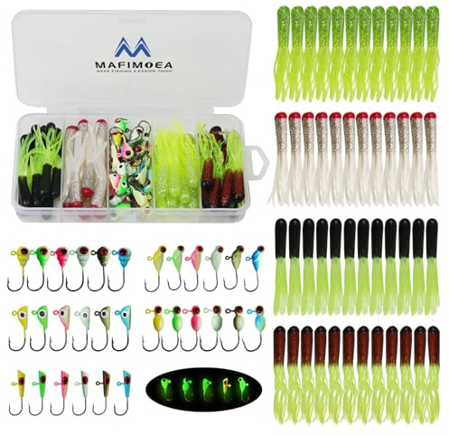 MAFIMOEA 50-90pcs Glow in The Dark Ice Fishing Jigs Set Ice Fishing Lures Kit Ice Fishing Gear for Crappie, Panfish, Walleye Perch Jigs Heads for Ice Fishing Tackle