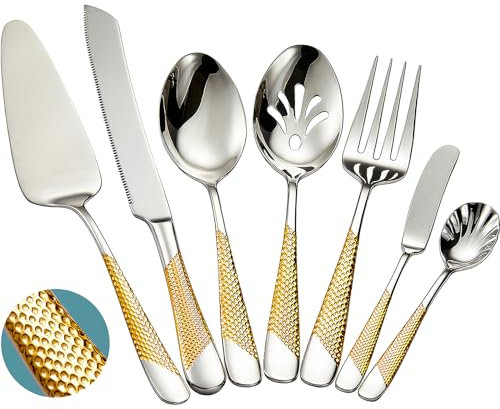 Xideman® Juego de cubiertos martillados de acero inoxidable 18/10, cuberteria para servir de 7 pieza, cuberterias completas de anfitriona con cuchillo para tartas y servidor de pasteles (Plata Oro)