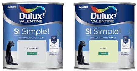Dulux Valentine Peinture Si Simple Peinture Intérieure Toutes Pièces Satin - Peinture Murs et Plafonds, Portes et Plinthes - Lot de 2 - Couleurs : Le Gris Pastel & Le Vert 0,5 L