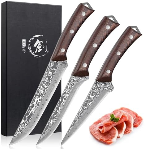 PURPLEBIRD Boning Knife for Meat Cutting Set of 3, Razor Sharp Butcher Knife Set, Japanese Full Tang Deboning Knives with Wood Handle for Trimming and Carving Poultry Chicken, Ideal Gifts for Men