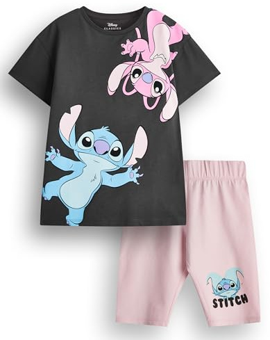 Disney Lilo & Stitch Girl T-Shirt & Shorts Set | Mörkgrå söm & ängla kortärmad t-shirt för barn och paket med rosa cykelshorts