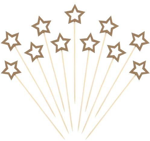 50 Stück Sterne Cocktailspieße Cocktail Spieße Holz Sticks 5,5 Zoll Groß Gold Star Fingerfood für Vorspeisen Weihnachten Feiertage Cocktail Picks Neujahr Obstspieße Zahnstocher Holz Partyspieße