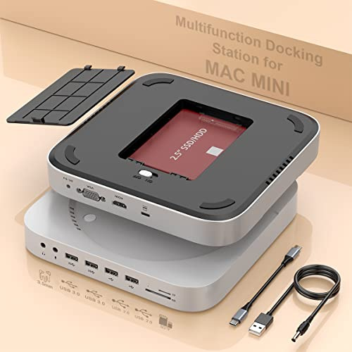 Mac mini Dock with Hard Drive Enclosure, 12 in 1 Mac mini Docking Station for Mac mini M2 / M1 with HDMI, VGA, SSD/HDD SATA, USB 3.0, USB 2.0, TF & SD Video Audio Jack for Mac mini M2, Mac Studio