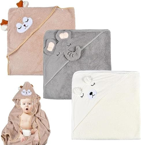 UieaMsio 3 Stücke Kapuzenhandtuch Baby, Niedliches Handtuch Mit Kapuze, 80X80cm Babybadetücher, Weich & Super Saugfähig