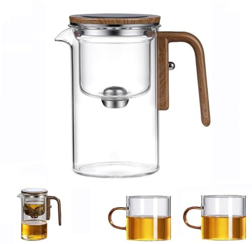 Adius Tetera de Cristal con Mango de Madera, Tetera Mágica con Control De Presión Y Infusor, Tetera De Vidrio De Borosilicato,Transparente para Preparar, Filtrar y Verter (720ml)
