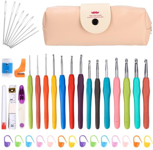 Häkelnadel Set 14 Stück Stricken Nadeln 2.0mm-10.0mm Kit Häkelnadel-Set Häkelset für Anfänge Häkeltasche mit Rosa Aufbewahrungstasche,Ergonomische Gummigriffe
