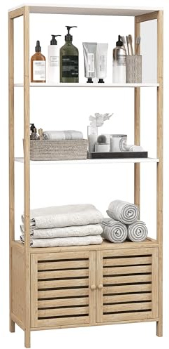 HOMCOM Mobile Bagno con 3 Ripiani e Armadietto Inferiore, Mobiletto per il Bagno in Bambù con Piedini Antiscivolo, 63x30x138 cm, Color Legno e Bianco