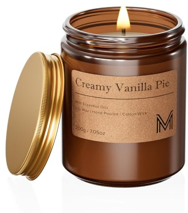 M&SENSE Candele alla Soia 200g, Torta Cremosa Vaniglia, 35H Combustione, Naturale Candela Non Tossico, Vetro Marrone Vintage, Mano Colata per Aromaterapia Relax, Regalo di Lusso Mamma