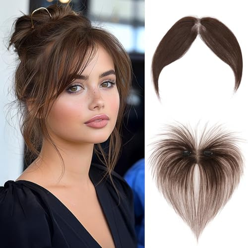 MY-LADY Postizo Clip-in de Flequillo con Raya Central - Cabello Humano 100% Remy en Una Pieza para Mujer (Marrón moca, con 2 clips)