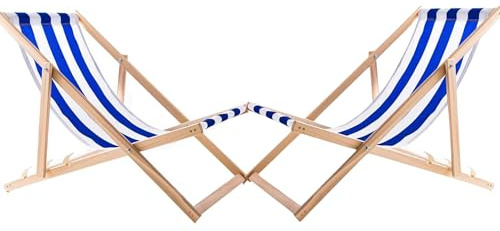 WOODOK Liegestuhl Klappbar - Gartenliege Klappbar bis 120kg, Sonnenliege aus Buchenholz ohne Armlehne (2X weiß-blau)