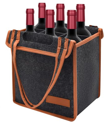 Kqpoinw Wine Bottle Bag 6 Compartments, Bottle Carrier Felt with Protable Handles, Reusable Wine Tote Bag Holder for Storing Transporting Red Wine, Champagne, Beer